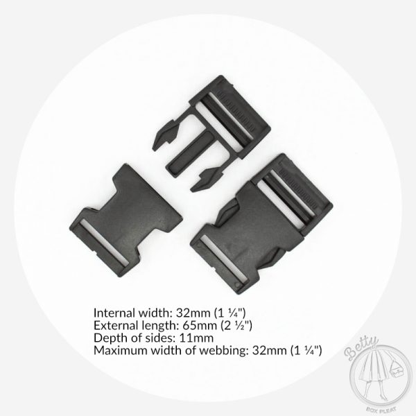 32mm (1 1/4in) Plastic Side Release Clips – Black – 2 Pack